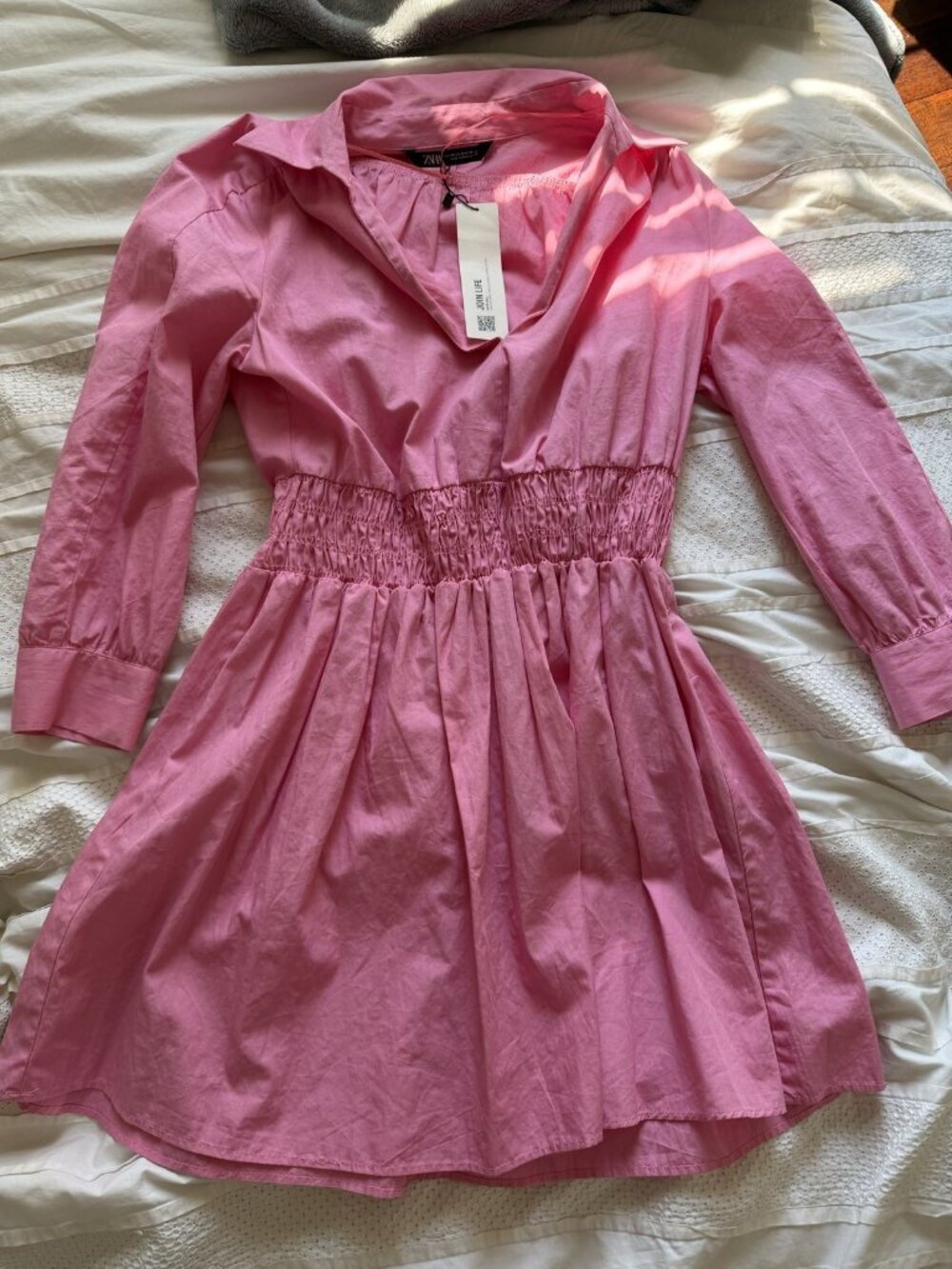 Zara Pink Poplin Mini Dress Smocked Waist Size XS